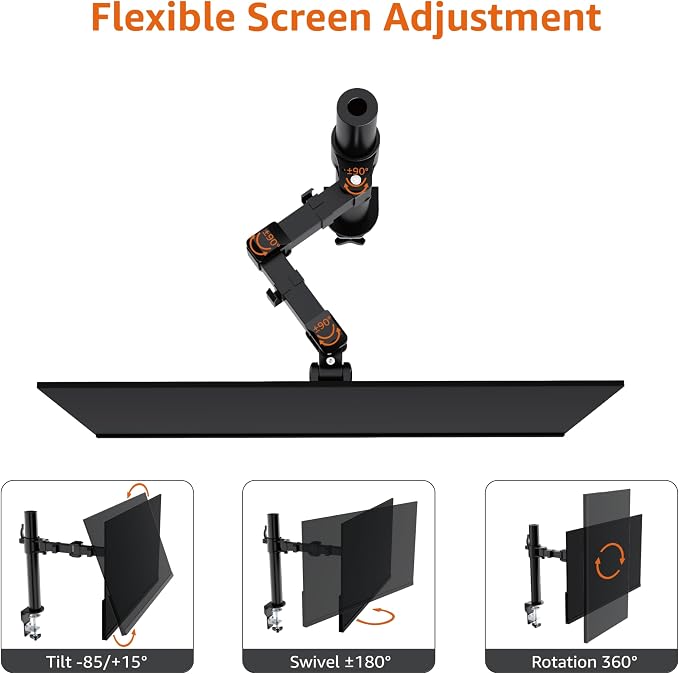 Amazon Basics Single Computer Monitor Stand with Cable Management, Height Adjustable VESA Desk Arm Mount, Fully Adjustable Tilt and Rotation, Steel, Black, Fits 13-30" Screens - Image 4
