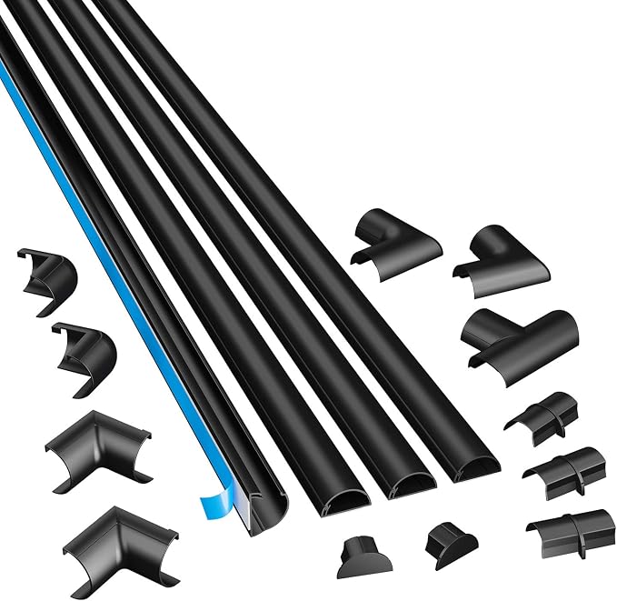 D-Line 13.12ft Cord Hider Kit, Patented Cable Cover, Hide Wires on Wall, Channel for TV Mount Cords, Raceway Wire Hiders, Paintable, Adhesive, Half Round, 4X 1.18in W x 0.59in H x 39in Lengths, Black by D-LineUSAinc