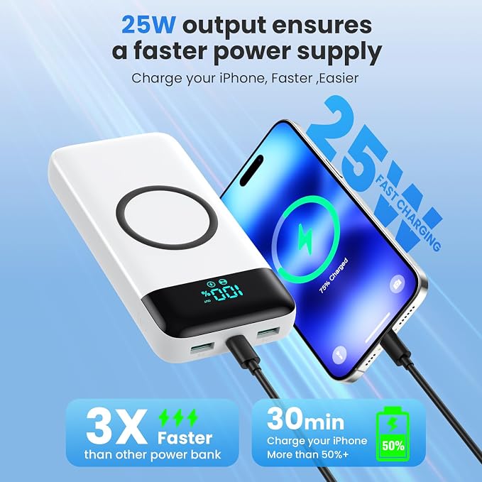 YHO Wireless Portable Charger 40800mAh for iPhone with Built-in Cables, 15W Wireless Charging USB C Power Bank,25W PD Fast Charging Travel Essential Battery Pack for iPhone 17/16/15,Android-White - Image 6