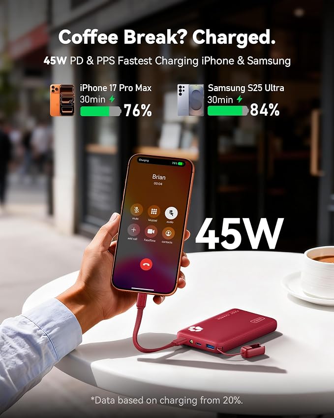 INIU 45W Fast Charging Portable Charger, Smaller 10000mAh Travel Power Bank | Flight-Safe, Detachable USB C Cable, Travel Essential, External Battery Phone Pack for iPhone 17 Samsung S26 iPad etc, Red - Image 3