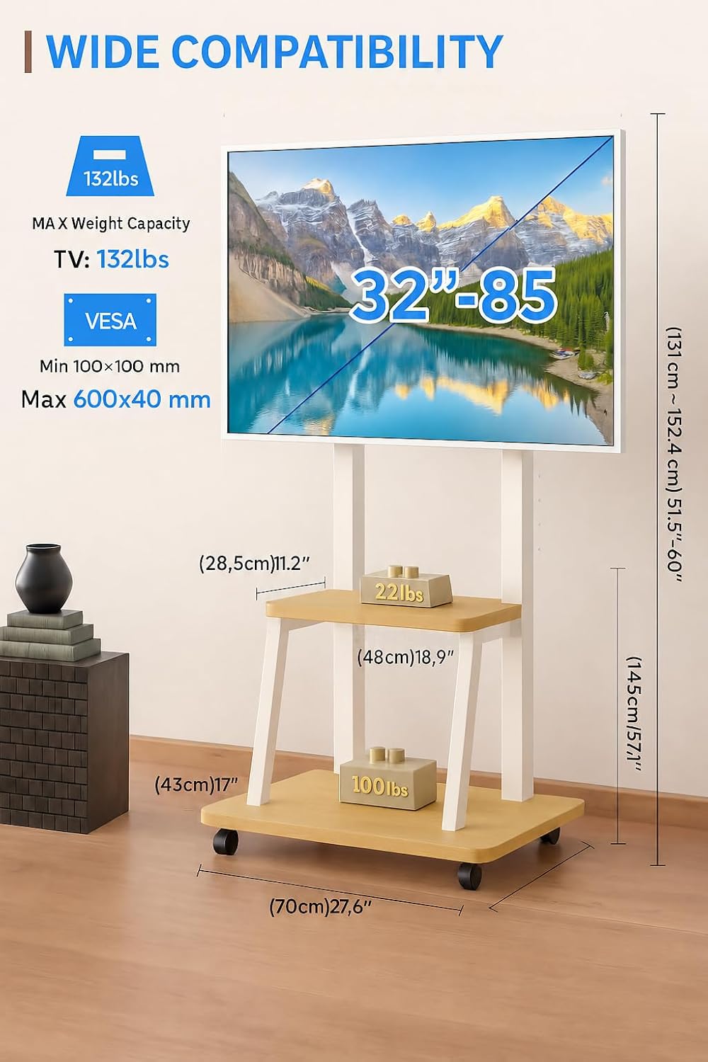 Rolling TV Stand for 32-80 Inch TVs, TV Cart with Power Outlet - Image 8