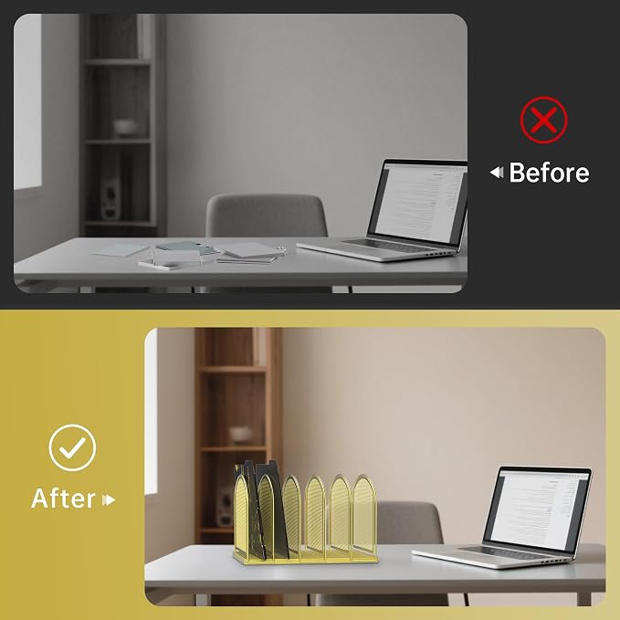 5-Section File Organizer for Desk, Metal File Folder Holder, Gold | 5 Vertical Compartments with Sturdy Metal Base for Office Documents Books Magazines and Laptop - Image 7