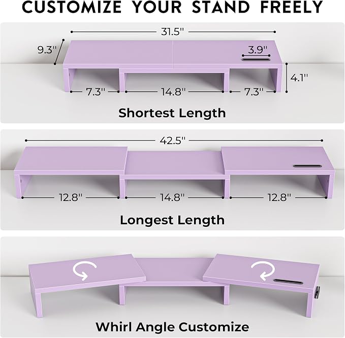 BONTEC Dual Monitor Stand Riser, Adjustable Length & Swivel Angle, Purple | Ergonomic Wooden Desktop Organizer with Smartphone Holder, Computer Monitor Stand for PC, Laptop, Printer and Large Storage - Image 3