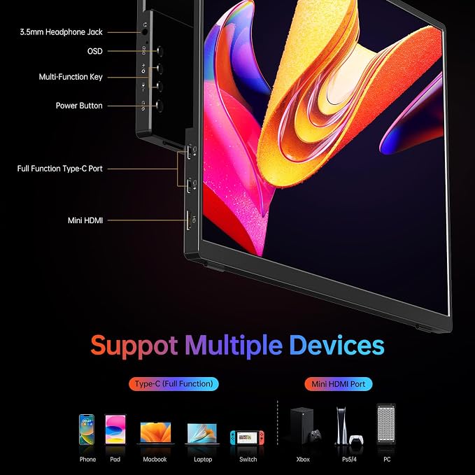 VILVA 14" 1200p USB-C HDMI HDR Portable Monitor | 14" 1200p IPS HDR, USB-C/HDMI, smart cover+speakers, ultra-slim plug&play, for PC/Mac/Phone. - Image 4