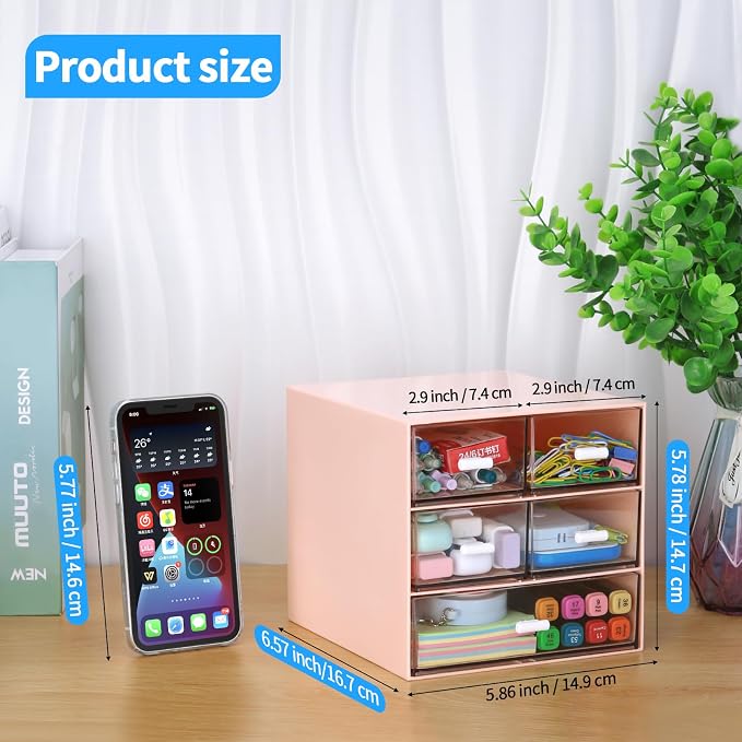 Desk Organizer with 5 Drawers, Rectangular Office Stationery Supplies Desktop Drawers, Plastic Makeup Storage, Suitable for Office, School, Home (Pink & 5 Drawers) - Image 3