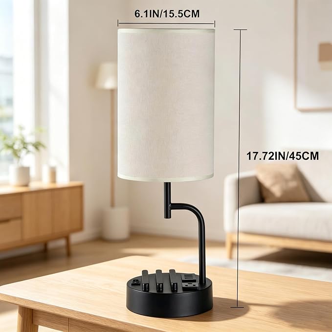 Dreamholder 2 Pack Table Lamp, Bedside Lamp with 3 USB Charging Ports & AC Outlet, USB Desk Lamp with 2 Phone Holders, Linen Fabric Shade Nightstand Lamps for Bedroom Living Room Office, Black - Image 4