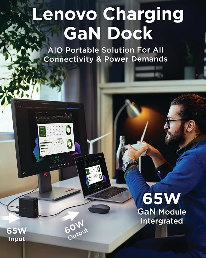 Lenovo GaN Charging Dock, Multiport Docking Station w/ 60W PD, HDMI, USB-C, USB-A, Micro SD, Power Adapter & Dock in One, Compact Design, Sustainable Materials, Home Office Gaming Dock Stand Console - Image 2