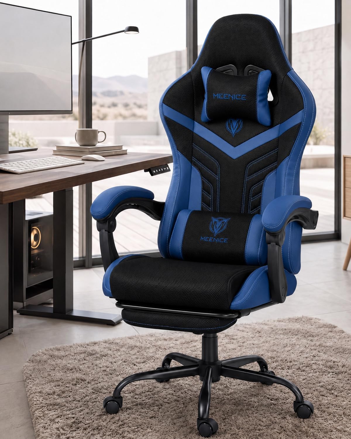 Ergonomic Gaming Chair with Footrest for Adults, Leather Mesh - Image 2