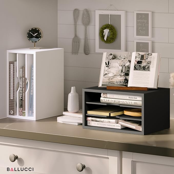 Ballucci File Organizer, 3-Tier Document Paper Sorter, Stackable Wood Desk Organizer, Mail Sorter and Monitor Stand with Storage Shelves, Black - Image 8