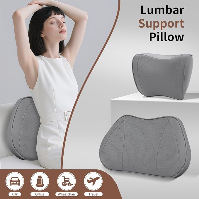 Car Lumbar Support Pillow for Driving Seat, Gray, 1 Pack | Leather Memory Foam Lumbar Cushion for Lower Back Pain Relief, Universal Back Support for Driving, Home & Office Chairs - Image 7