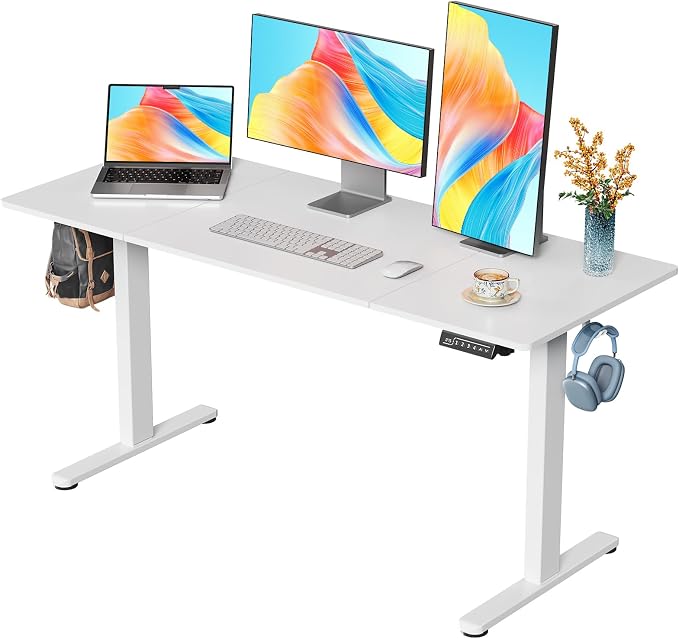 59"×24" Large Electric Standing Desk, Sit Stand Desk, White | 3 Memory Preset Height Adjustable Desk with 2 Hooks for Home Office & Gaming, Heavy Duty Computer Desk with Spliced Tabletop by JYLHJOYSEEKER