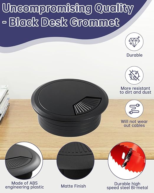 Desk Grommet & Cable Grommet 2 Inch (10 Pack) - Black Desk Hole Cover with Hole Saw - Cable Management Kit for Office, TV Stand, Workstation - Hide Wires Behind Wall, Cable Pass Through (50mm) - Image 3