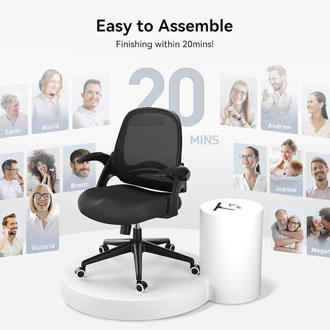 Hbada Office Desk Chair with Flip-Up Armrests and Saddle Cushion, Ergonomic Office Chair with S-Shaped Backrest, Swivel, Mesh, Black - Image 9