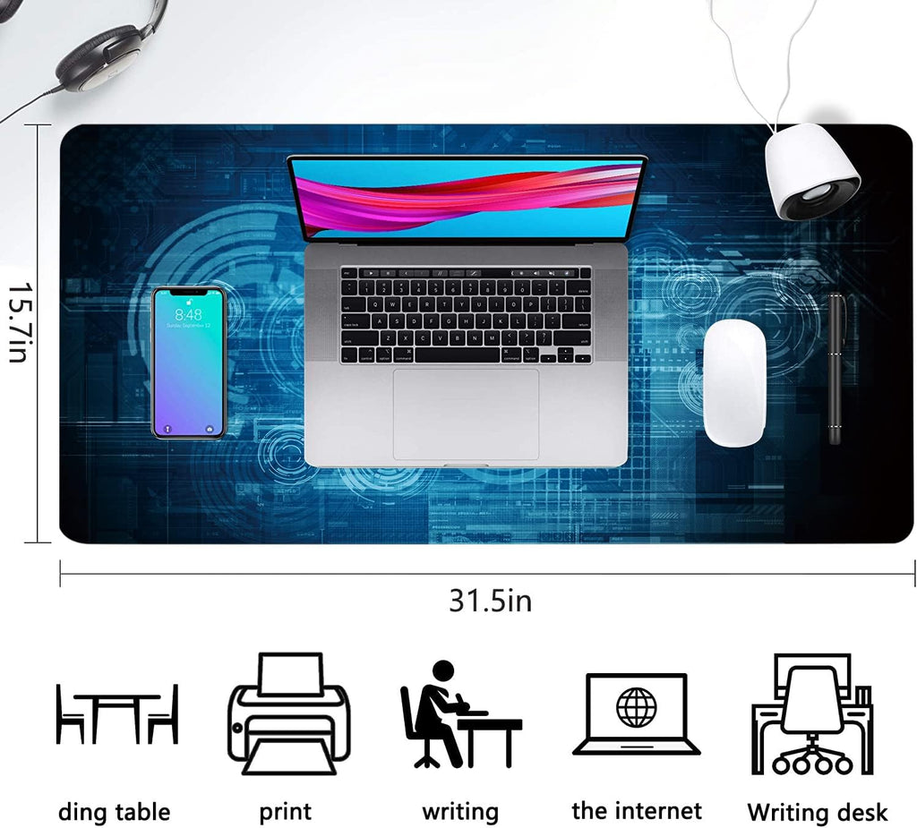 Extended Large Gaming Mouse Pad Abstract Blue Futuristic Tech XXL Size Keyboard Mouse Mat Desk Pad with Non Slip Rubber Base Stitched Edges Office Decor for Women Girls Men,35.4 x 15.7inch - Image 4