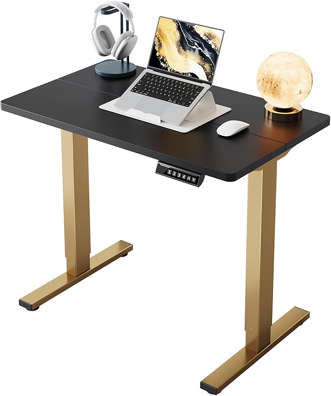 HUANUO 32" Small Electric Standing Desk Adjustable Height, 4 Memory Height Settings, Sit Stand Up Desk for Home Office & Computer Workstation, Black and Gold Frame | 176 Lbs Capacity, Rounded Corners, Wheel-Ready Feet, Compact Desktop, Apartment Worksp... by HUANUO