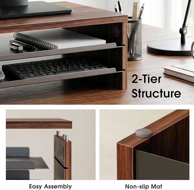 Fenge 14.3-Inch Monitor Stand with Slide-Out Trays, Wood & Metal Desk Shelf | 3-Tier Space-Saving Desk Storage Organizer, Fits Computer, Laptop, Printer and Telephone - Image 3