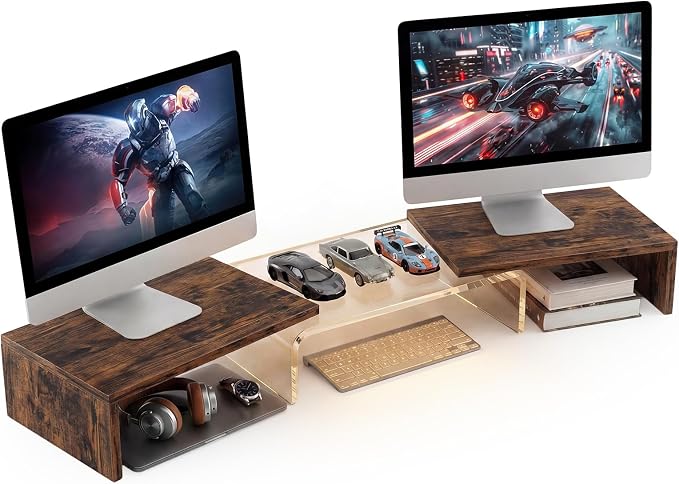 Dual Monitor Riser, Acrylic Monitor Riser with Keyboard Storage, Adjustable Angle & Length Computer Monitor Stand, Wide Desk Shelf for Top of Desk for Home Office_Wood Look by Bingyouth