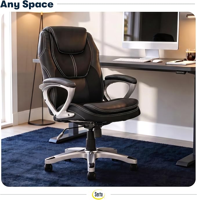 Serta Ergonomic Executive Office Chair, Padded Arms Mesh Back Leather Chair | Amplify, Contoured Lumbar Lower Back Support, Back Pain Relief, Adjustable Height & Tilt, Work From Home Desk Chair, Black - Image 2