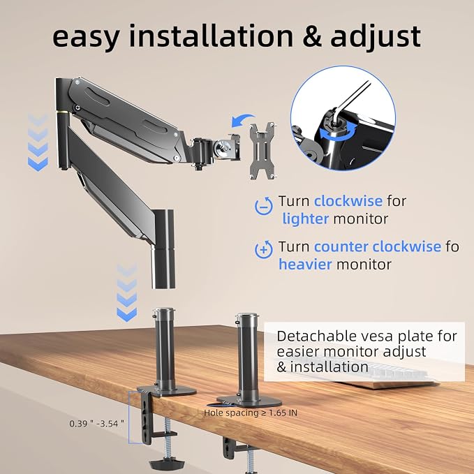 Pholiten Heavy Duty Monitor Arm for up to 49 inches | Ultrawide Monitor Mount, Adjustable Gas Spring Arm, Clamp/Grommet Mounting Base - Image 4