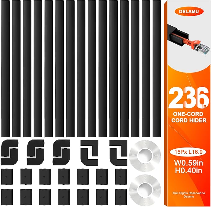 Delamu 236in Cord Hider, One-Wire Cord Covers for Wires on Wall, Easy-to-Install Cable Hiders for Mounted Tv, Cable Management Kit, Cable Raceways, W0.59 H0.4in, Black by DELAMU