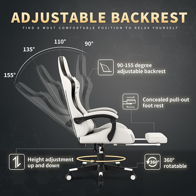 Gamtimer Gaming Chair, 400 LB Weight Capacity,with Pocket Spring Cushion | Ergonomic Backrest Office Chair,Leather, with Headrest and Lumbar Support, Footrest, Suitable for Adults(White) - Image 6