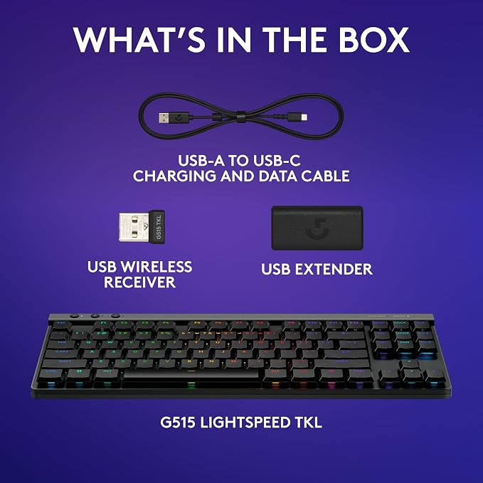 Logitech G515 Lightspeed TKL Wireless Gaming Keyboard (Tactile) - Black | LIGHTSPEED, low profile gaming, LIGHTSYNC RGB, thin tenkeyless design, PBT keycaps, mechanical switches - Image 9