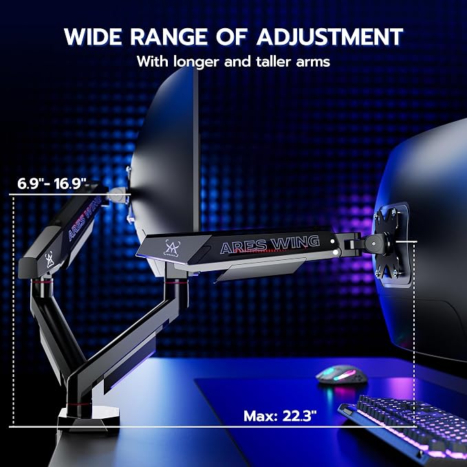 ARES WING Dual Monitor Arm for 17-35 Inch Flat Curved Screens, Black | Fully Adjustable Monitor Mount for Ultrawide Screens up to 26.5lbs, C-Clamp & Grommet Base, 75/100 Vesa Mount - Image 4