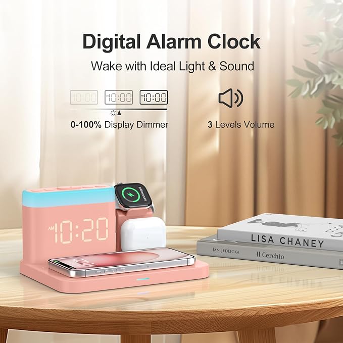 ANJANK 5 in 1 Wireless Charging Station with Alarm Clock,7 Night Light & 0-100% Dimmer,Qi Mag-Safe Charger Stand for Apple Devices - for iPhone 17 16 15 14 13 12 Pro Max Plus Air,Apple Watch,Airpods - Image 5