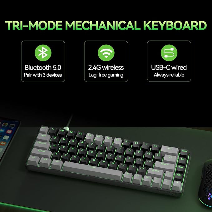 TMKB T68 60% Wireless Mechanical Gaming Keyboard, Tri-Mode BT5.0/2.4GHz/USB-C with Red Linear Switch, RGB Backlight, Anti-Ghosting, Compact 68 Keys, Wired/Wireless, Gray/Black - Image 2