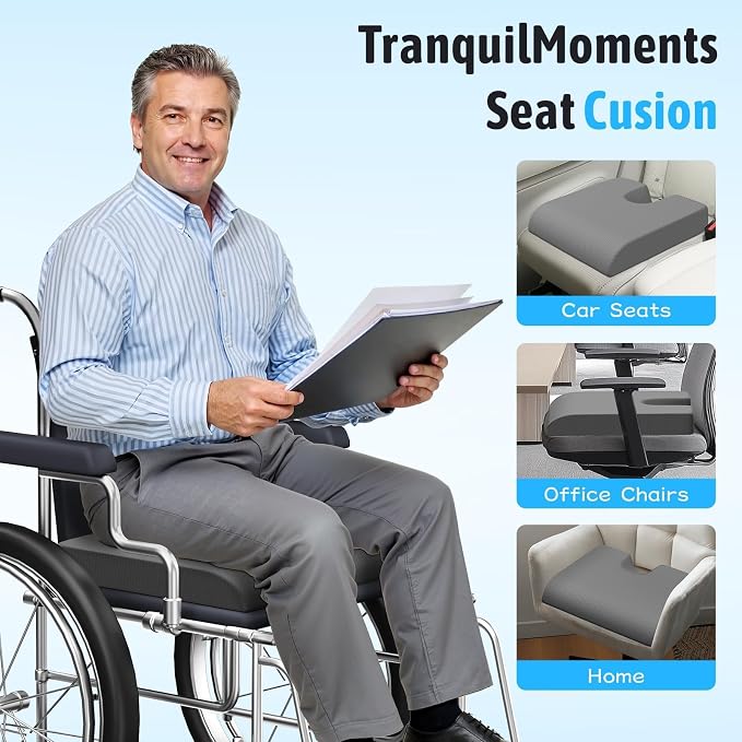 TranquilMoments Seat Cushion, Gel Wheelchair Seat Cushion, Grey | Wheelchair Seat Cushion Cooling Gel Memory Foam, Tailbone Pain Relief & Non - Slip Bottom Chair Cushion - Image 5