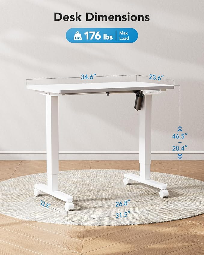 HUANUO Electric Small Standing Desk, Whole Piece Desktop, Adjustable Height Computer Desk, 4 Height Memory Settings, Sit Stand Up Desk for Home Office, 35" x 24", White - Image 3