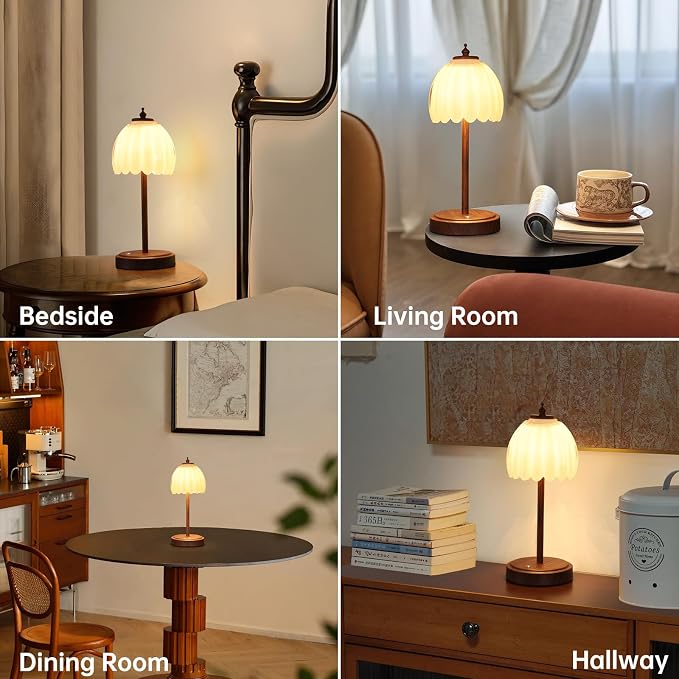 Shenmoyl Tulip Table Lamp with 5200mAh Battery & Touch Control, Small Cordless Table Lamp with 3 Colors, Rechargeable Battery Operated Table Lamps for Bedroom, Desk, Bedside (White-Walnut Color) - Image 4