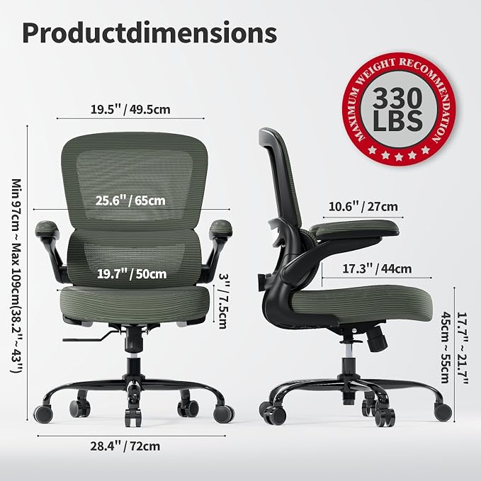 TRALT Ergonomic Office Chair Desk Chair with Adjustable Lumbar Support | Desk Chair Comfy with Flip-up Armrests Ergonomic Chair - Mesh Computer Chairs for Adults, 330lbs, PU Leather (Dark Green, 1) - Image 2