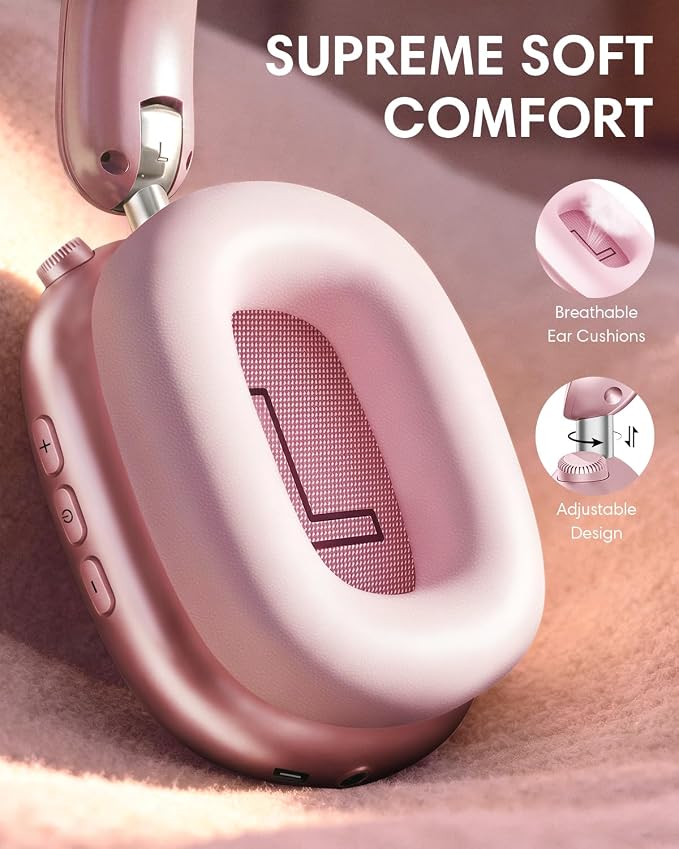 Wentronic Y02 Active Noise Cancelling Wireless Headphones, Pink | Over-Ear, Bluetooth, 60H Playtime,Crystal Clear Calls, Hi-Res Audio, Big Bass, Foldable Lightweight for Travel Home Office - Image 6