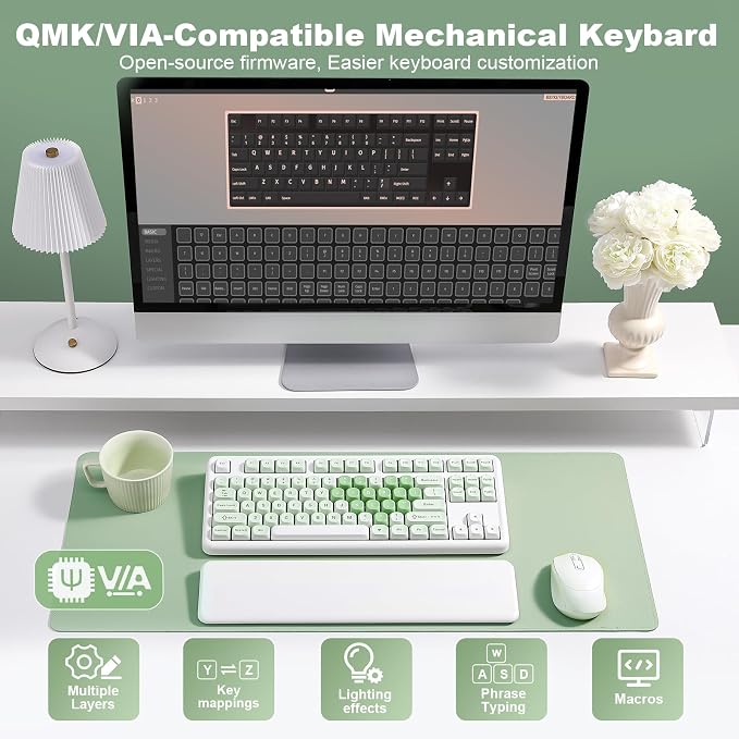 YUNZII B87 TKL Wireless Mechanical Keyboard (Matcha Heart, MilkV2) | QMK/VIA, Wrist Rest, CreamyTyping, Cute MOA Keycaps, Gasket Mount, Hot Swap, RGB Backlit, NKRO, BT/2.4G/USB-C, for Win/Mac - Image 5
