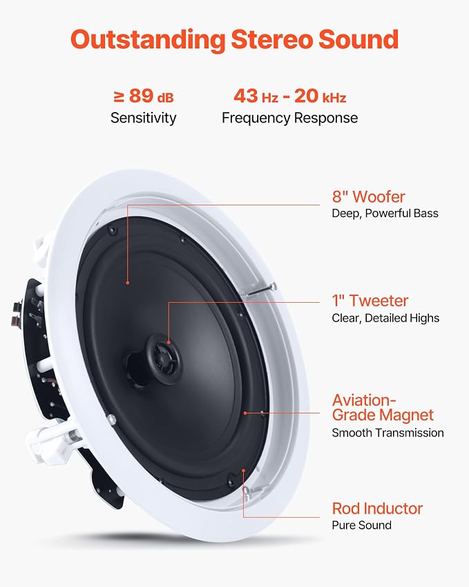 VEVOR in Ceiling Speakers, 8", in-Ceiling & in-Wall Speaker System, Hi-Fi Sound, 150W Peak, 2-Way Flush Mount Speakers, for Damp Humid Placement, Home Theater, Living Room, or Covered Patio, 1 Pair - Image 4