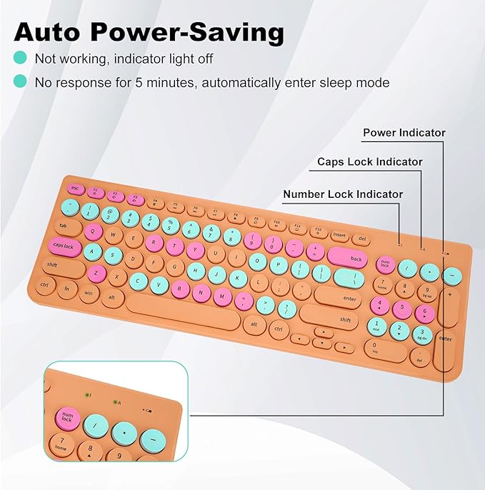 Wireless Keyboard and Mouse Combo, Retro Typewriter Keyboard with Round Keycaps, 2.4GHz USB Cute Wireless Keyboard Mouse for Computer, Desktop, Laptop and Computer (Orange Colorful) - Image 3