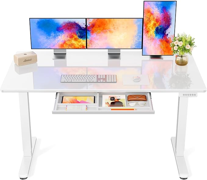 Marsail Glass Standing Desk with Drawer, 55 x 28 Inches Adjustable Desk, Home Office Desks with One-Piece Tempered Glass Top, Ergonomic Home Office Sit Stand Desk with 4 Preset Heights, White by Marsail