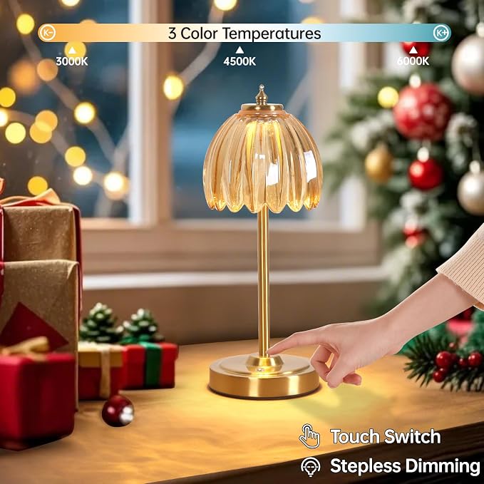 Shenmoyl Set of 2 Tulip Table Lamp with 5000mAh Battery & Touch Control, Cordless Table Lamp with 3 Colors, Dimmable Rechargeable Table Lamps for Bedroom, Living Room, Entryways (Amber Tulip) - Image 3