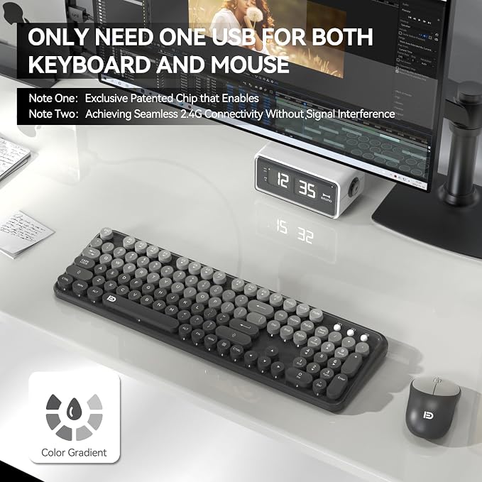 Wireless Keyboard and Mouse Combo - Cute Colorful Mouse and Keyboard 2.4G Full-Sized with 104 Round Keys Retro Typewriter Keyboards for Laptop/Windows/PC - Grey Gradient - Image 2