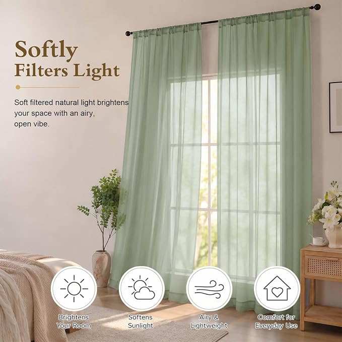 Sage Green Sheer Curtains 96 Inches Long 2 Panels for Bedroom 52" W | Elegant Airy Sheer Curtain for Living Room, Light Filtering Window Treatments, Rod Pocket, 2pcs Each 52" Width x 96" Long - Image 2