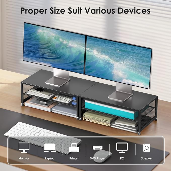 ECOLOVI 2-Tier Computer Monitor Stand Riser, Printer & Laptop Stand, Office Desk Accessories, Workspace Desk Organizer for Home Office Supplies, Black - Image 3