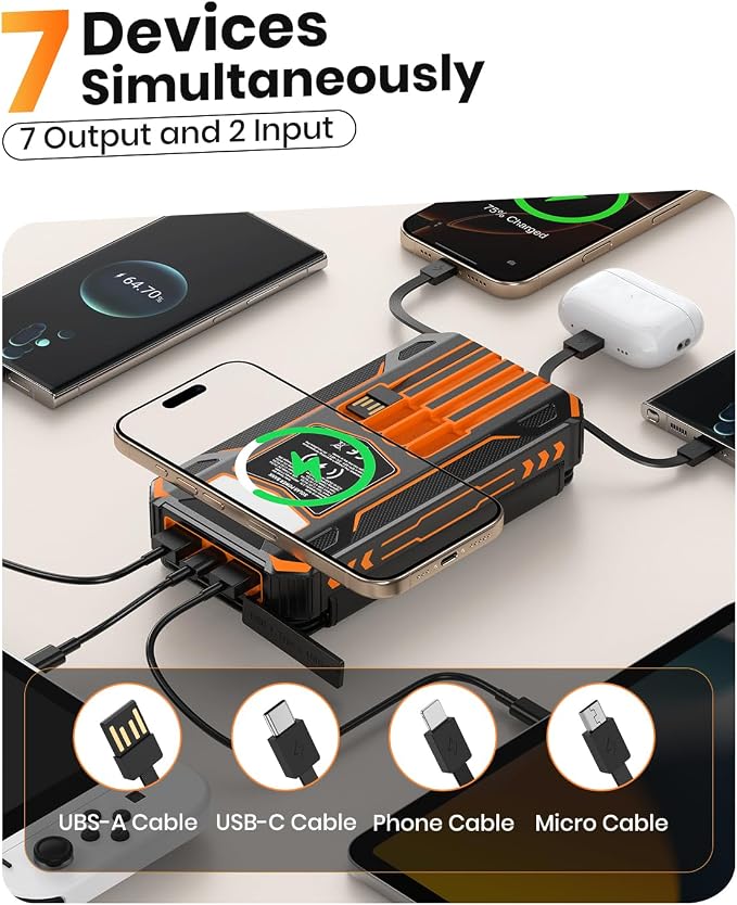 SOARAISE Solar Power Bank 48000mAh Wireless Portable Charger with 4 Cables | Solar Charger with 4 Solar Panels, 48000mAh High Capacity, PD QC 3.0 Fast Charging Battery Pack, Flashlights for Camping - Image 2