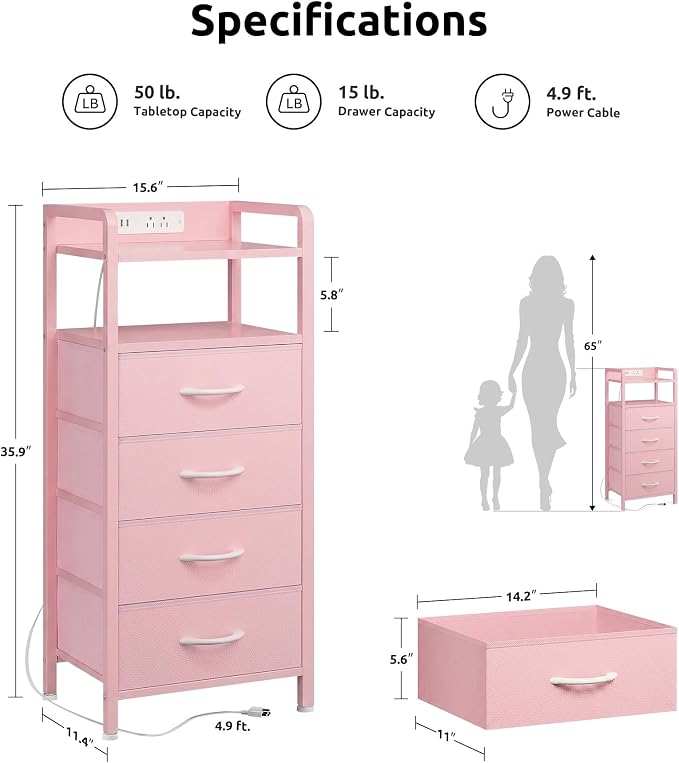 Lazzanto Nightstand with Rear Charging Station, LED Light, 4 Drawers, Pink | Industrial Nightstand, 2 USB-A Ports & AC Outlets, Raised Back Guard, Fabric Storage Drawers, Bedside Table for Bedroom, Dorm - Image 3