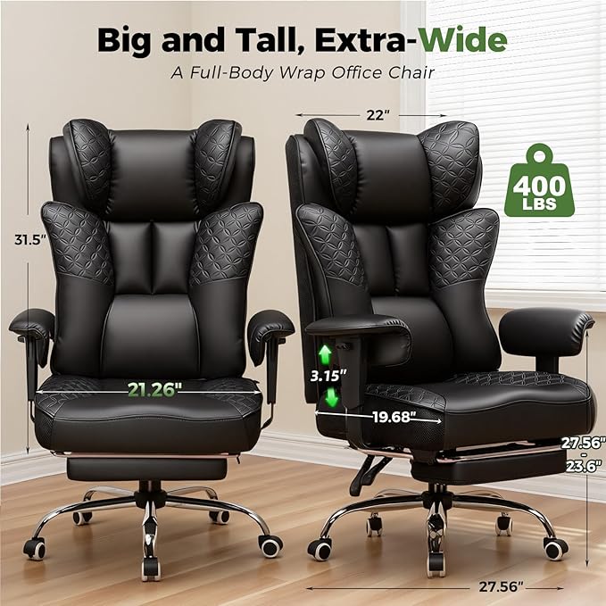 GTPLAYER Big and Tall Office Chair Wide Ergonomic Gaming Chair with Deluxe Embossing Designed Leather with Foot Rest,150°Reclining Adjustable Soft Armrests Pocket Spring Back Support and Pillow - Image 2