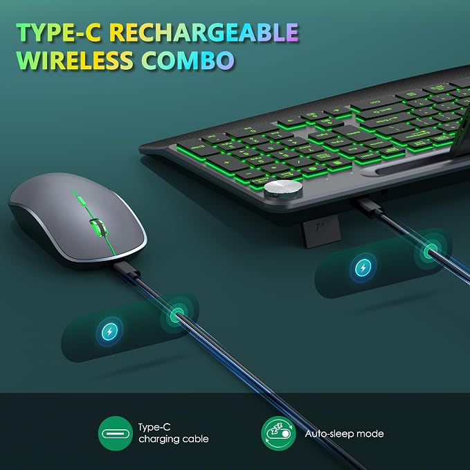 JOYACCESS Ergonomic Wireless Backlit Keyboard with Phone Holder,Rechargeable Wireless Keyboard Mouse Combo with Light Up Keys for for Laptop, PC, Mac, Windows-Grey - Image 4