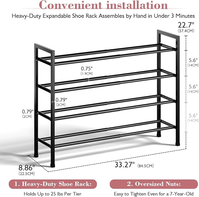 Bumusty 4 Tier Expandable Shoe Rack for Closet, Light Grey | 18"-33" Adjustable Shoe Rack for Entryway, Small Shoe Organizer for Dorm, Front Door, Sturdy Metal - Image 3