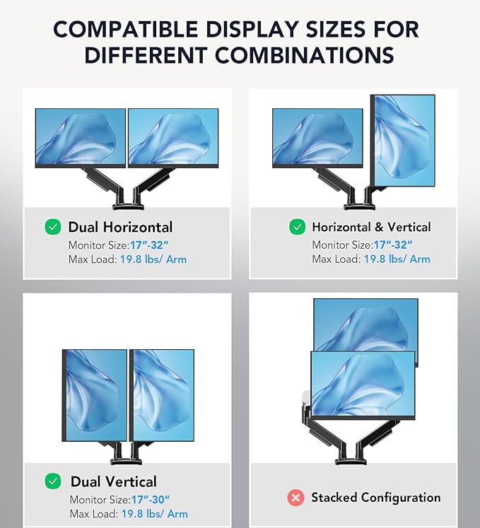 Dual Monitor Stand, Adjustable Monitor Desk Mount for 17″–32″ Computer Screens, Full Motion VESA 75x75/100x100 with C-Clamp & Grommet Aluminum Base, Each Arm Holds 4.4 to 20 lbs AX09DB201 - Image 3