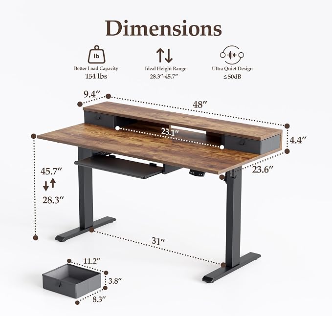 Klicelor 48 x 24 Inch Electric Standing Desk with Drawers and Keyboardtray, Adjustable Height Small Sit Stand Desk for Home Office, Compact Computer Workstation with Storage- Rustic Brown - Image 3
