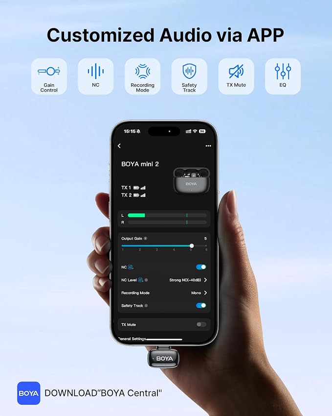 BOYA mini 2 Wireless Lavalier Microphone for iPhone 15/16/17 & Android | Lapel Microphone Wireless with AI Noise Reduction, App Control, 30H Battery with Charging Case for Streaming, Recording - Image 7